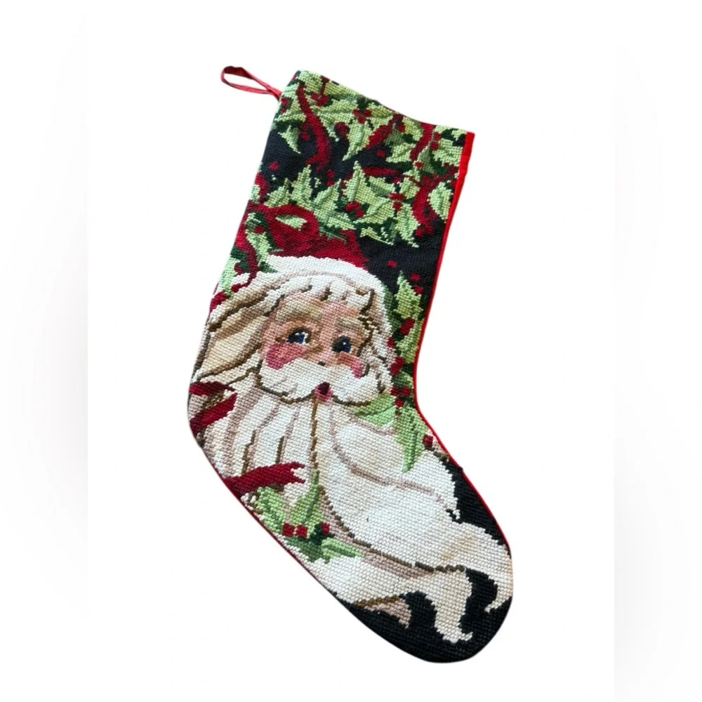 VTG Needlepoint Christmas Stocking Jolly Santa Face Holly Leaves Background